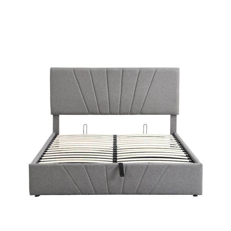 Lit plateforme capitonné gris/beige avec rangement hydraulique – Grand lit/Très grand lit, 1-2 personnes
