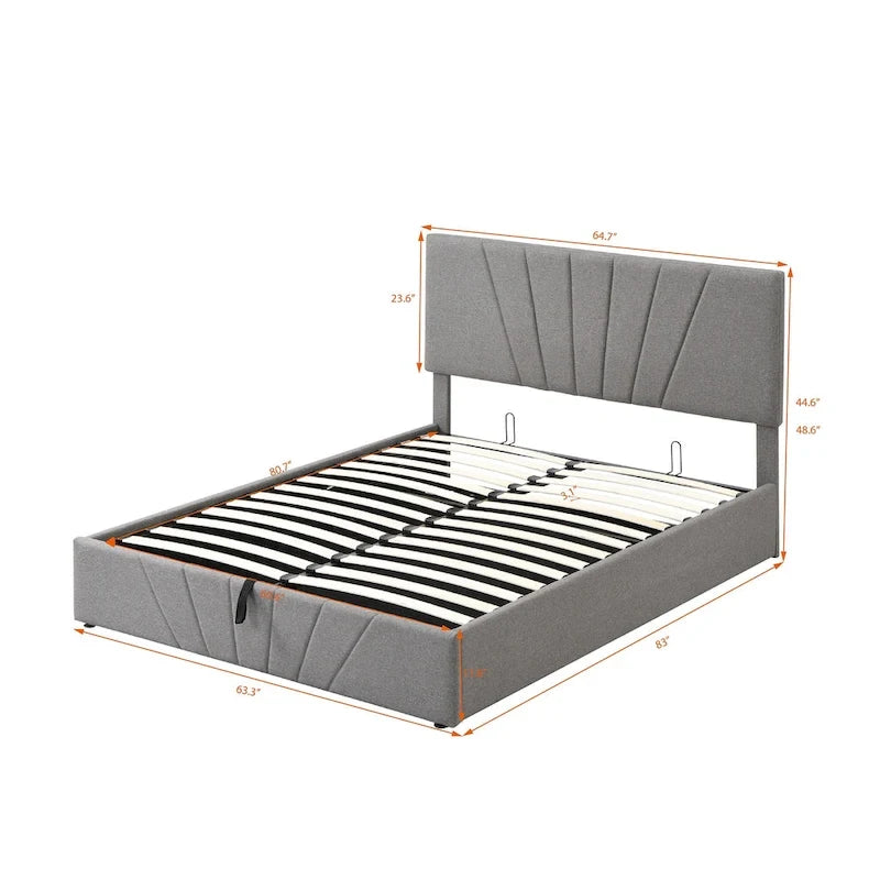Lit plateforme capitonné gris/beige avec rangement hydraulique – Grand lit/Très grand lit, 1-2 personnes