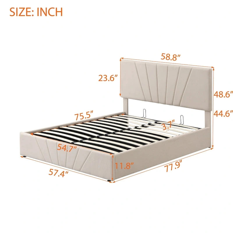 Lit plateforme capitonné gris/beige avec rangement hydraulique – Grand lit/Très grand lit, 1-2 personnes