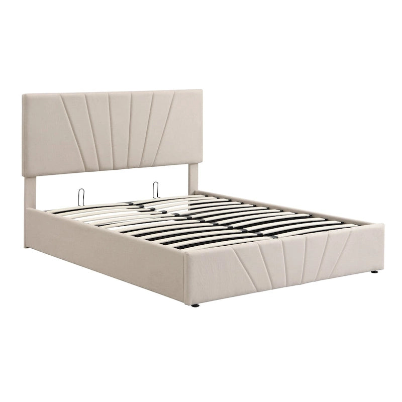 Lit plateforme capitonné gris/beige avec rangement hydraulique – Grand lit/Très grand lit, 1-2 personnes