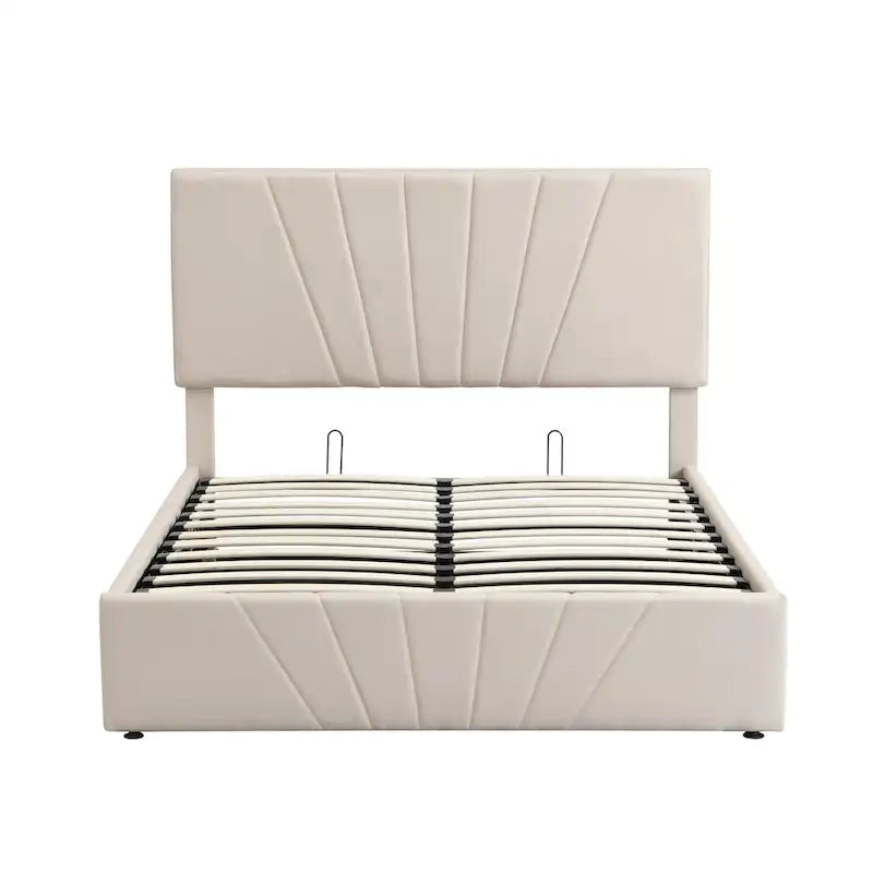 Lit plateforme capitonné gris/beige avec rangement hydraulique – Grand lit/Très grand lit, 1-2 personnes