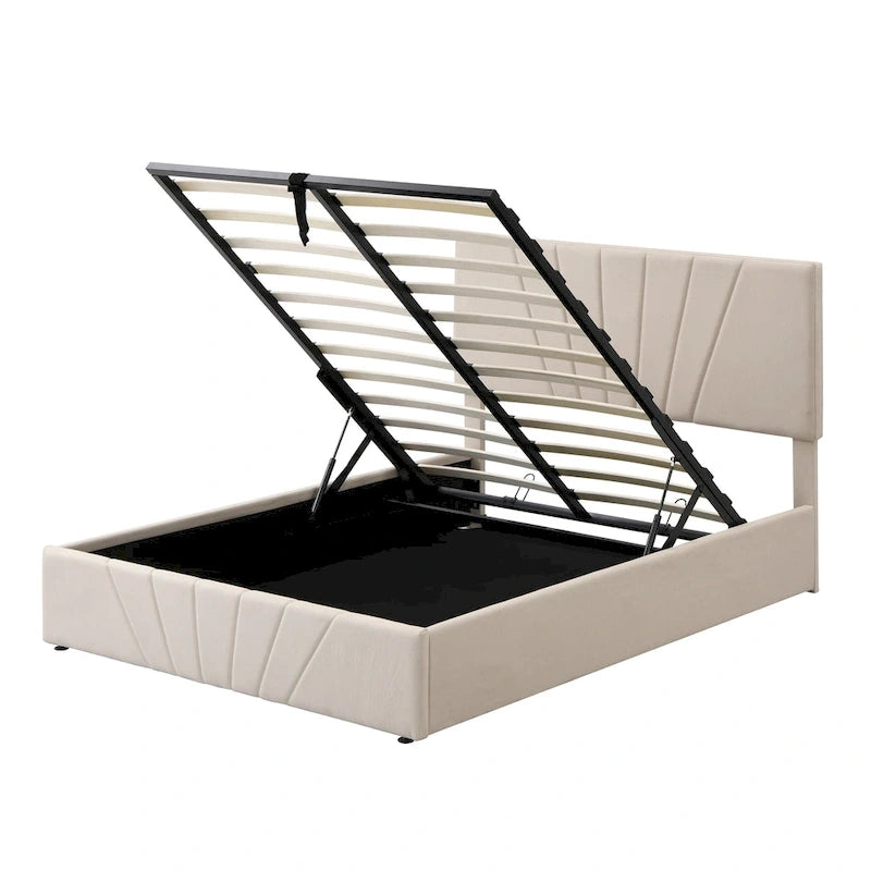 Lit plateforme capitonné gris/beige avec rangement hydraulique – Grand lit/Très grand lit, 1-2 personnes