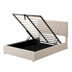 Lit plateforme capitonné gris/beige avec rangement hydraulique – Grand lit/Très grand lit, 1-2 personnes