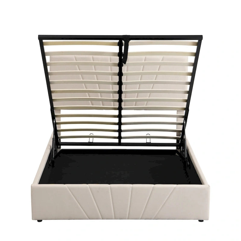 Lit plateforme capitonné gris/beige avec rangement hydraulique – Grand lit/Très grand lit, 1-2 personnes