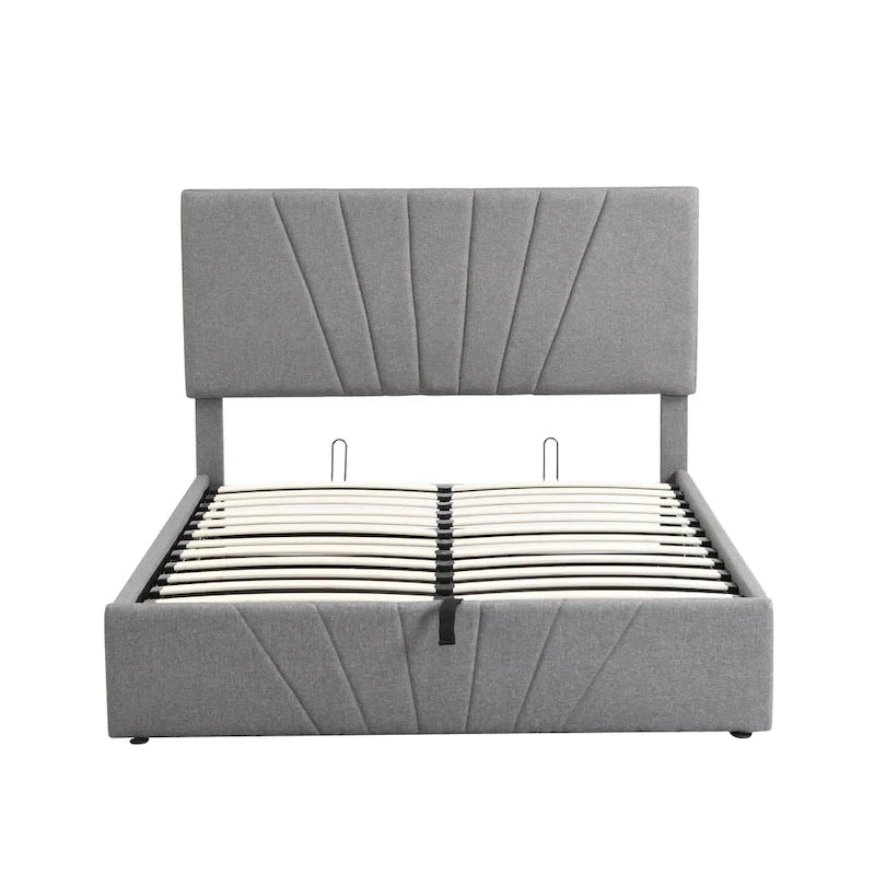 Lit plateforme capitonné gris/beige avec rangement hydraulique – Grand lit/Très grand lit, 1-2 personnes