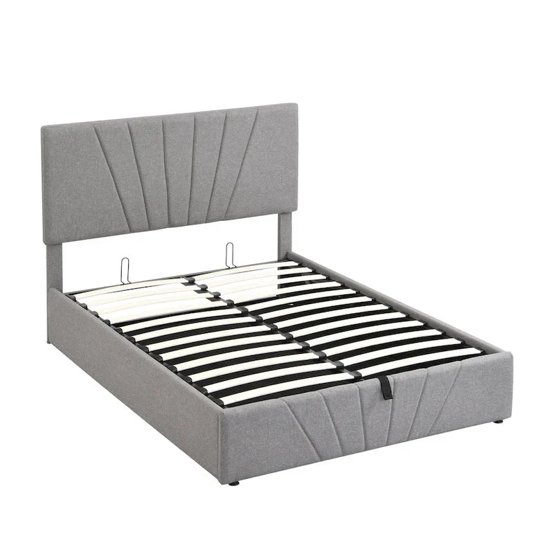 Lit plateforme capitonné gris/beige avec rangement hydraulique – Grand lit/Très grand lit, 1-2 personnes