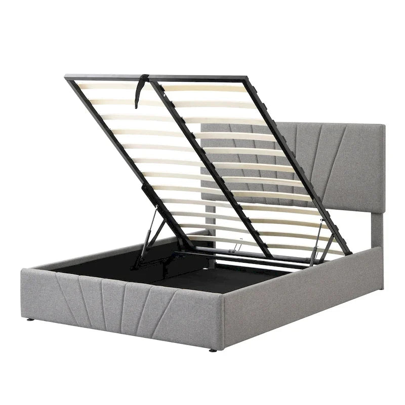 Lit plateforme capitonné gris/beige avec rangement hydraulique – Grand lit/Très grand lit, 1-2 personnes