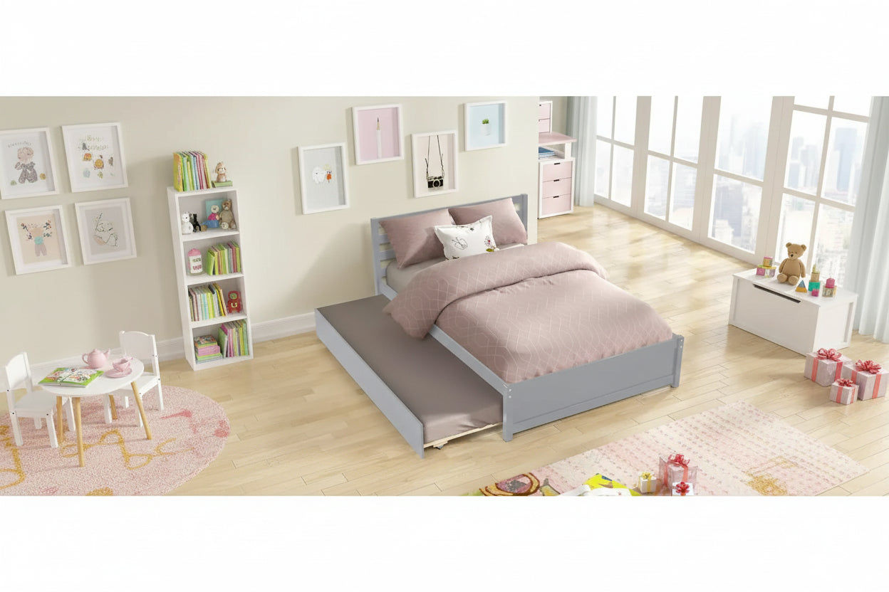 Nestfair Full Size Wood Platform Bed Frame with Headboard and Twin Trundle For Grey Color