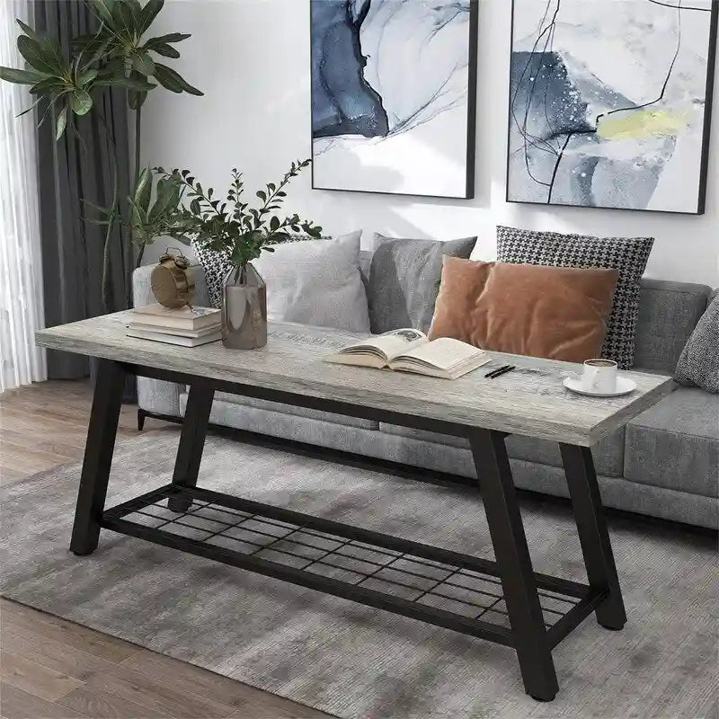Banc de rangement industriel 2 places, gris foncé / grège / blanc / marron