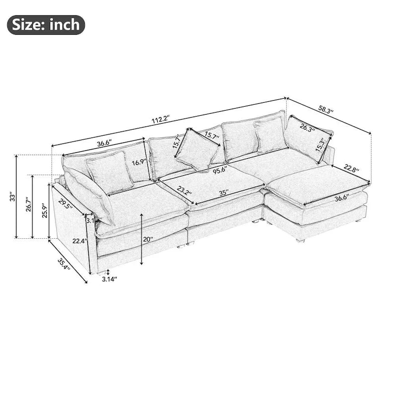 Canapé d'angle en chenille blanc/gris/bleu avec pouf, 4 à 5 places