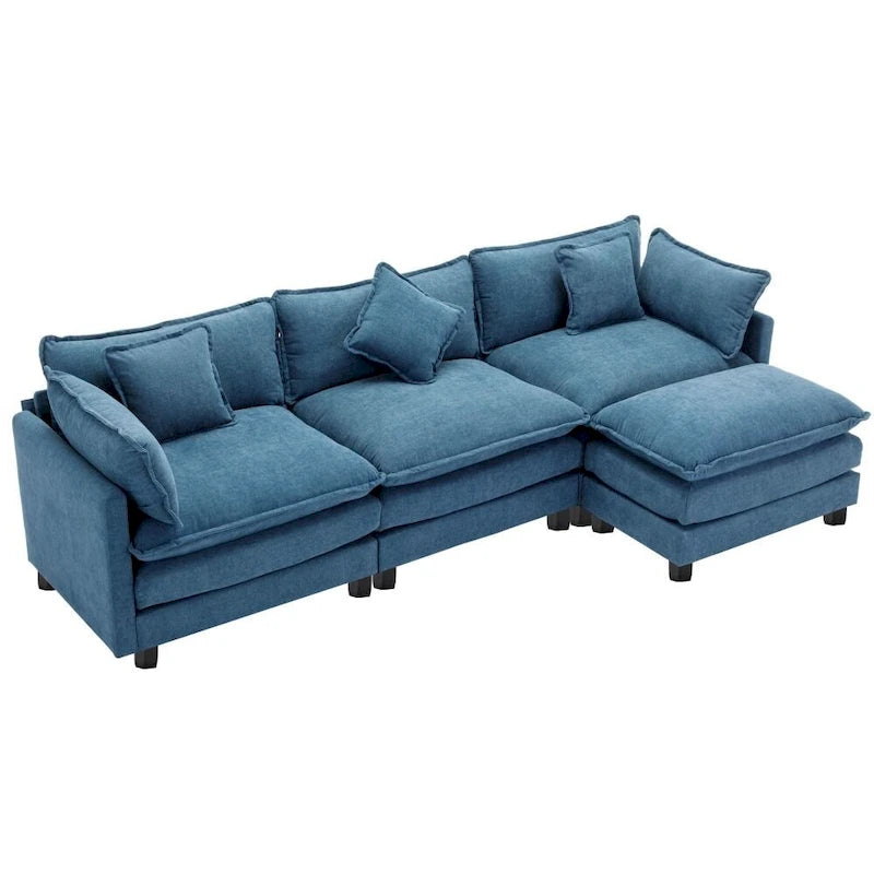 Canapé d'angle en chenille blanc/gris/bleu avec pouf, 4 à 5 places