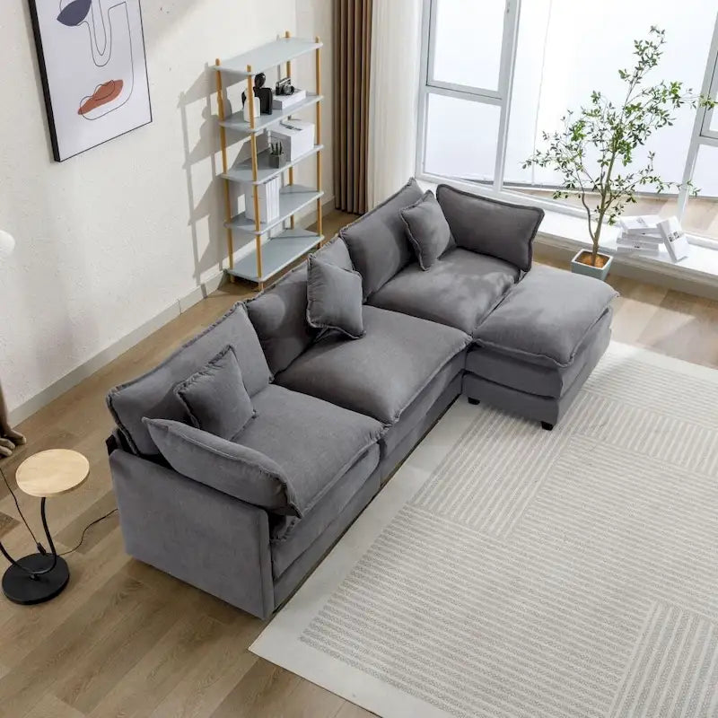 Canapé d'angle en chenille blanc/gris/bleu avec pouf, 4 à 5 places