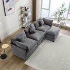 Canapé d'angle en chenille blanc/gris/bleu avec pouf, 4 à 5 places