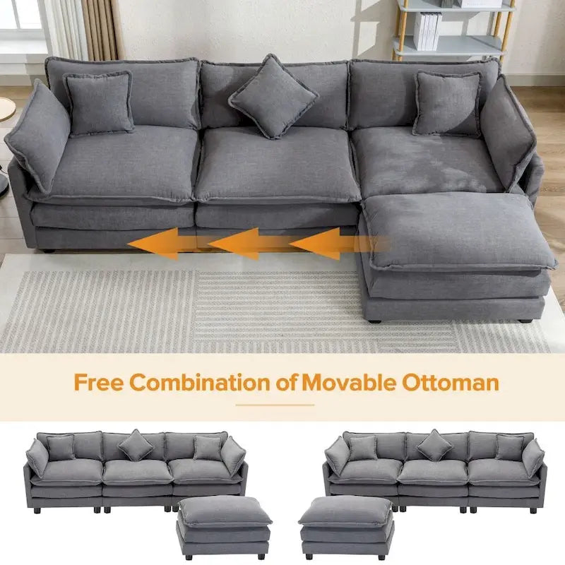 Canapé d'angle en chenille blanc/gris/bleu avec pouf, 4 à 5 places