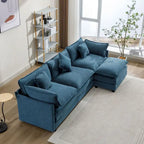 Canapé d'angle en chenille blanc/gris/bleu avec pouf, 4 à 5 places