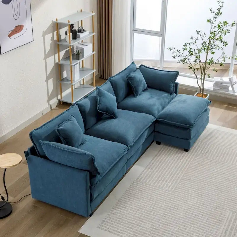 Canapé d'angle en chenille blanc/gris/bleu avec pouf, 4 à 5 places