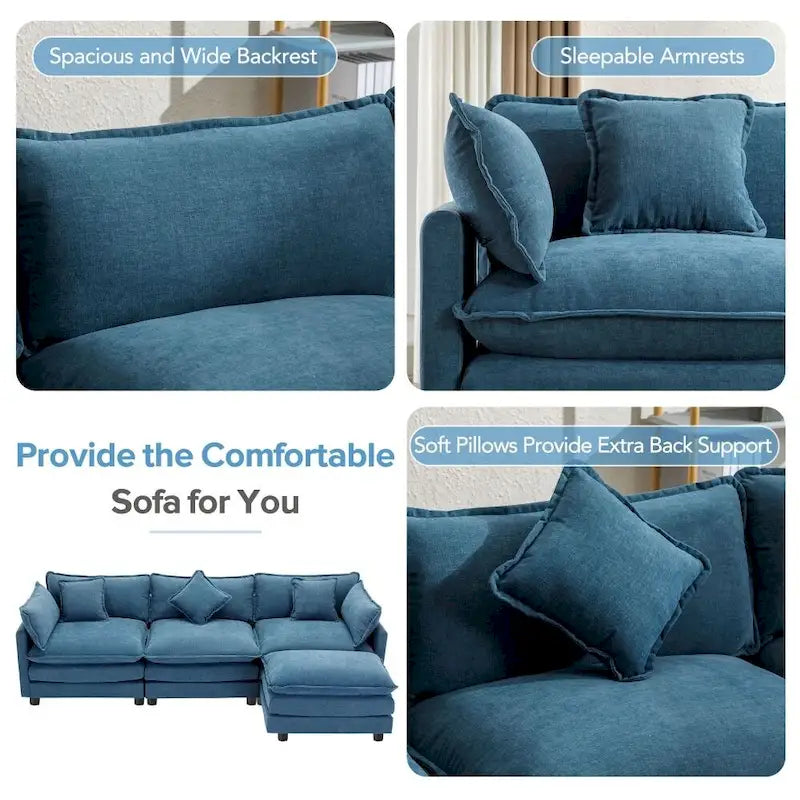 Canapé d'angle en chenille blanc/gris/bleu avec pouf, 4 à 5 places