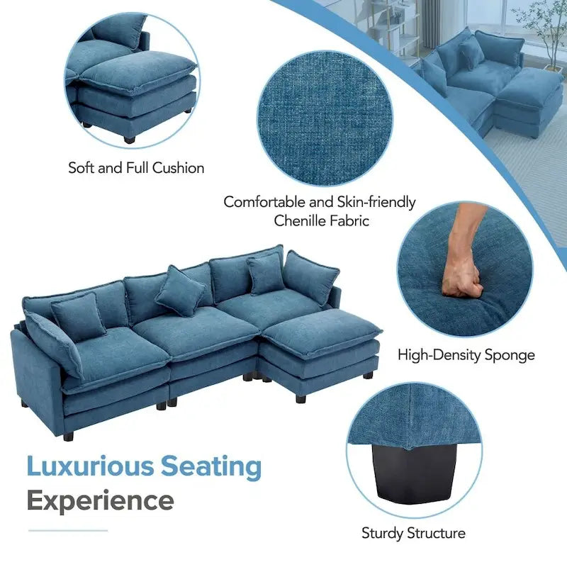 Canapé d'angle en chenille blanc/gris/bleu avec pouf, 4 à 5 places