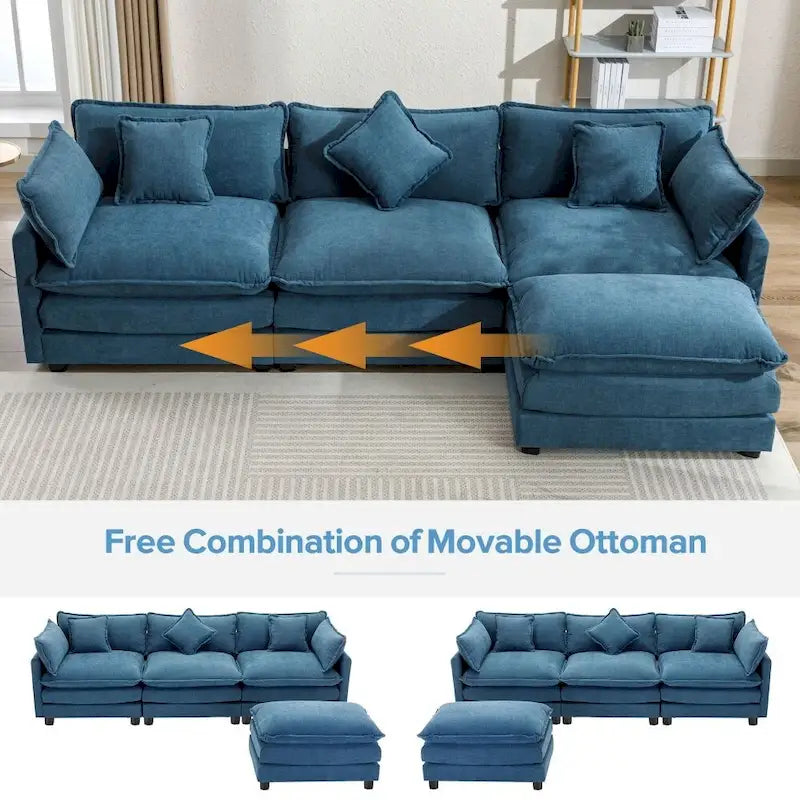 Canapé d'angle en chenille blanc/gris/bleu avec pouf, 4 à 5 places