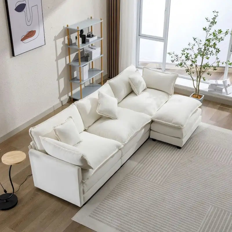Canapé d'angle en chenille blanc/gris/bleu avec pouf, 4 à 5 places
