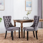 Chaise de salle à manger en velours capitonné avec garniture cloutée et pieds en bois – Chêne/Noir/Doré/Gris, Lot de 2