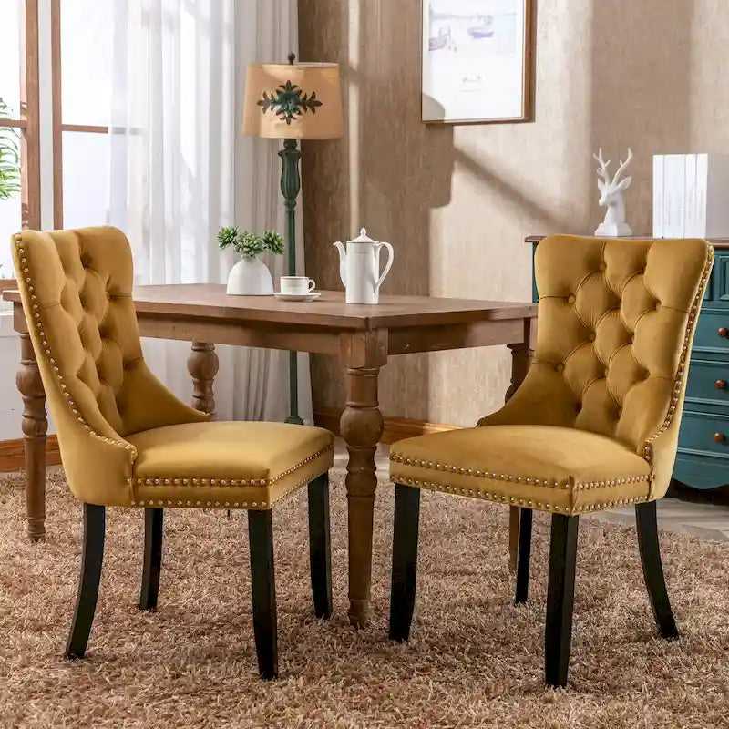 Chaise de salle à manger en velours capitonné avec garniture cloutée et pieds en bois – Chêne/Noir/Doré/Gris, Lot de 2