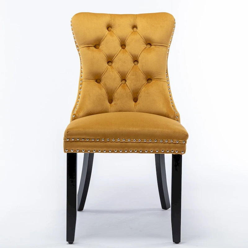 Chaise de salle à manger en velours capitonné avec garniture cloutée et pieds en bois – Chêne/Noir/Doré/Gris, Lot de 2