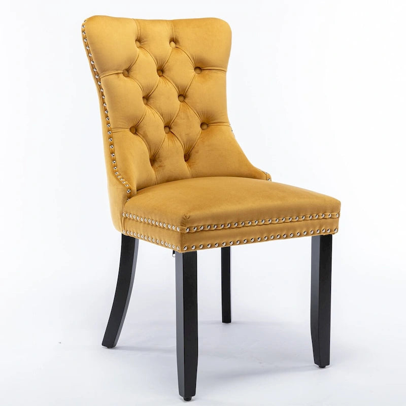 Chaise de salle à manger en velours capitonné avec garniture cloutée et pieds en bois – Chêne/Noir/Doré/Gris, Lot de 2