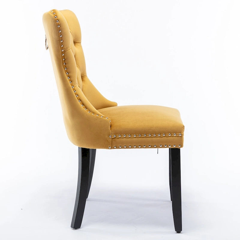 Chaise de salle à manger en velours capitonné avec garniture cloutée et pieds en bois – Chêne/Noir/Doré/Gris, Lot de 2