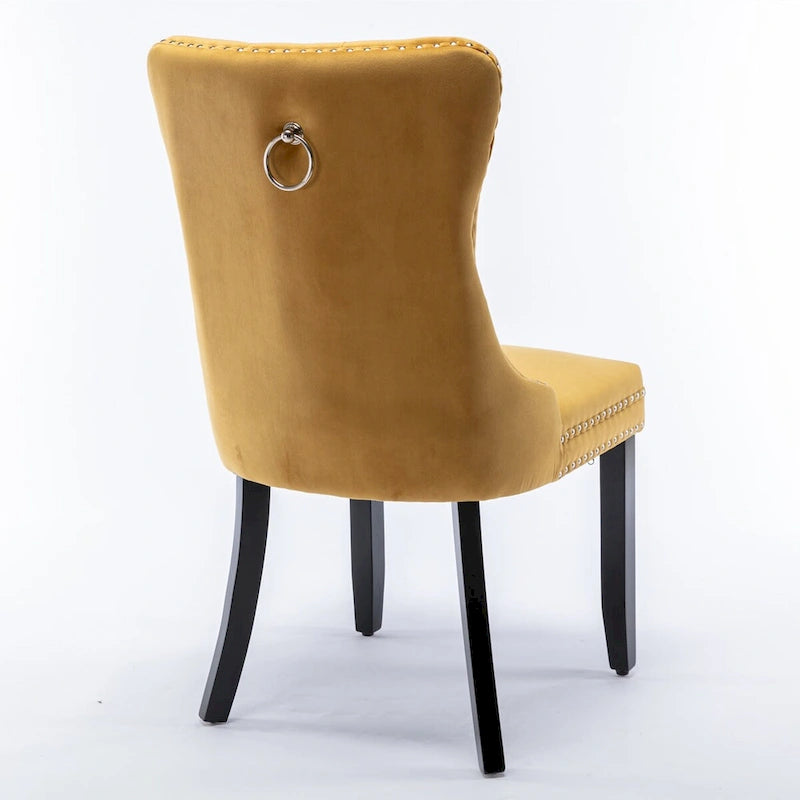 Chaise de salle à manger en velours capitonné avec garniture cloutée et pieds en bois – Chêne/Noir/Doré/Gris, Lot de 2