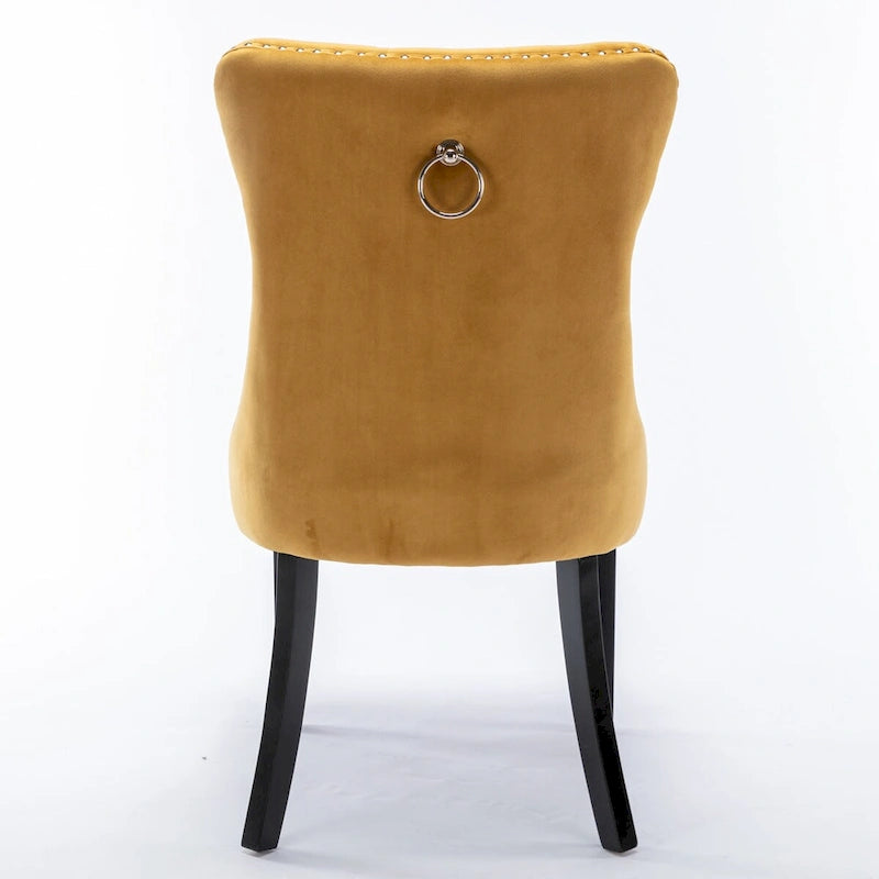 Chaise de salle à manger en velours capitonné avec garniture cloutée et pieds en bois – Chêne/Noir/Doré/Gris, Lot de 2