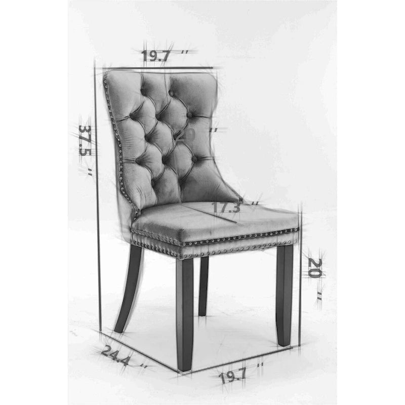Chaise de salle à manger en velours capitonné avec garniture cloutée et pieds en bois – Chêne/Noir/Doré/Gris, Lot de 2