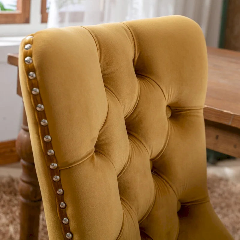 Chaise de salle à manger en velours capitonné avec garniture cloutée et pieds en bois – Chêne/Noir/Doré/Gris, Lot de 2