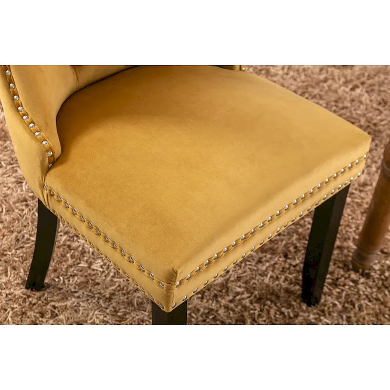 Chaise de salle à manger en velours capitonné avec garniture cloutée et pieds en bois – Chêne/Noir/Doré/Gris, Lot de 2