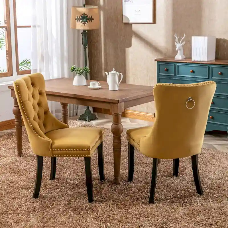 Chaise de salle à manger en velours capitonné avec garniture cloutée et pieds en bois – Chêne/Noir/Doré/Gris, Lot de 2