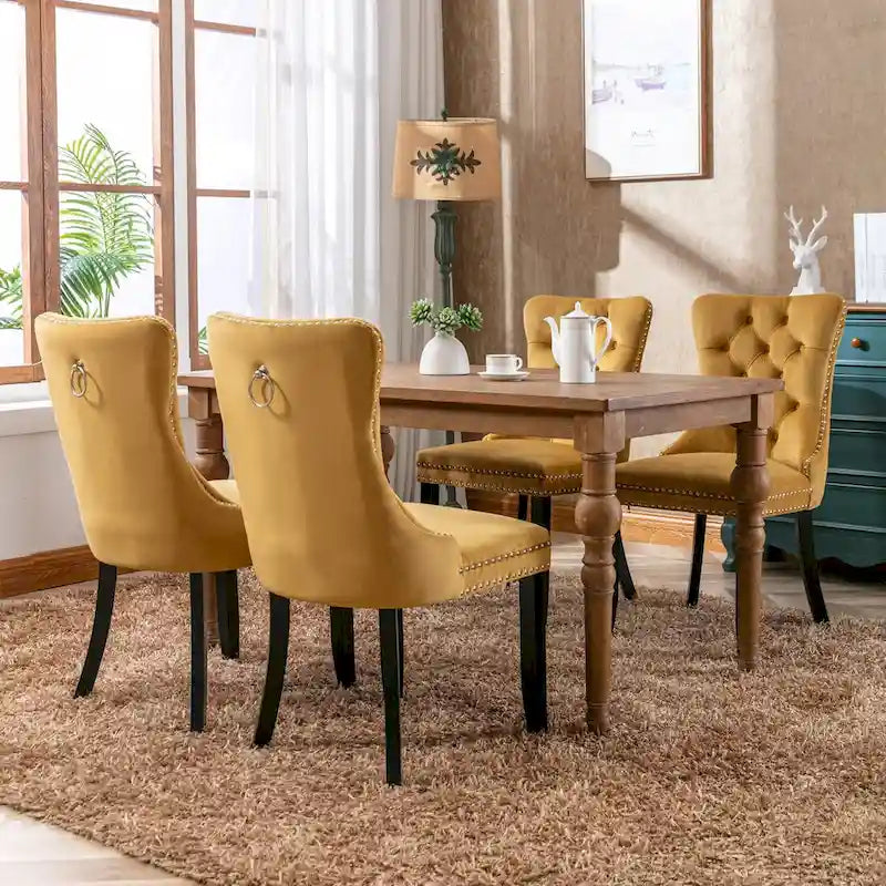Chaise de salle à manger en velours capitonné avec garniture cloutée et pieds en bois – Chêne/Noir/Doré/Gris, Lot de 2