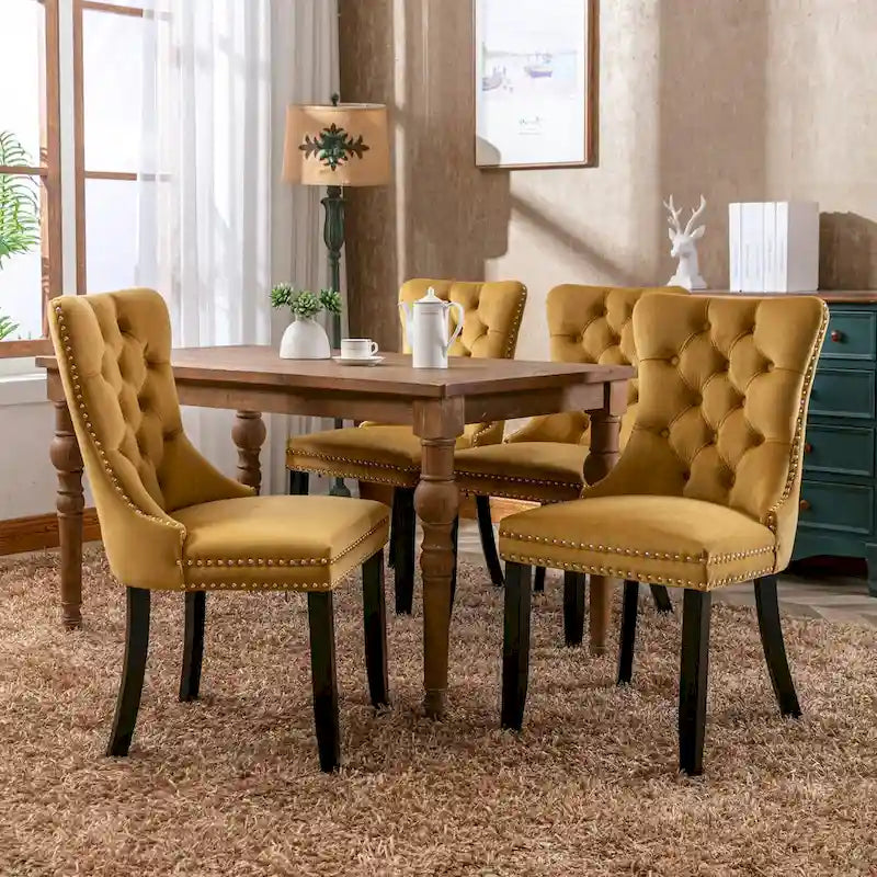 Chaise de salle à manger en velours capitonné avec garniture cloutée et pieds en bois – Chêne/Noir/Doré/Gris, Lot de 2