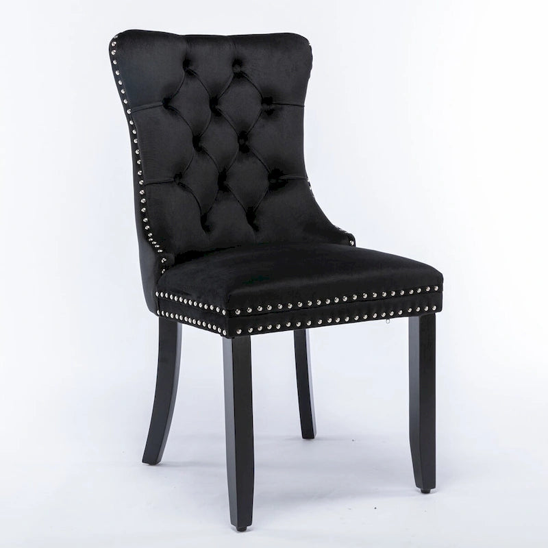 Chaise de salle à manger en velours capitonné avec garniture cloutée et pieds en bois – Chêne/Noir/Doré/Gris, Lot de 2