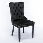 Chaise de salle à manger en velours capitonné avec garniture cloutée et pieds en bois – Chêne/Noir/Doré/Gris, Lot de 2