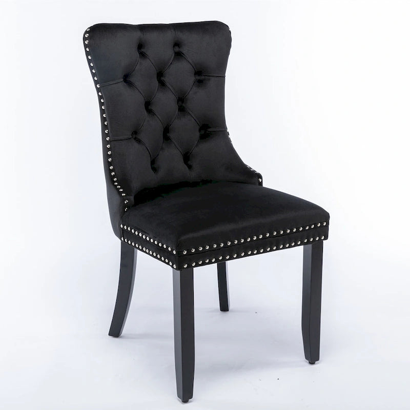 Chaise de salle à manger en velours capitonné avec garniture cloutée et pieds en bois – Chêne/Noir/Doré/Gris, Lot de 2