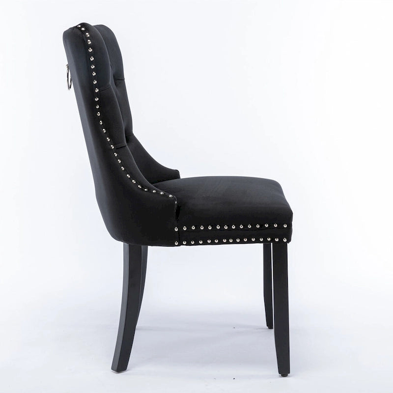 Chaise de salle à manger en velours capitonné avec garniture cloutée et pieds en bois – Chêne/Noir/Doré/Gris, Lot de 2
