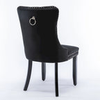 Chaise de salle à manger en velours capitonné avec garniture cloutée et pieds en bois – Chêne/Noir/Doré/Gris, Lot de 2
