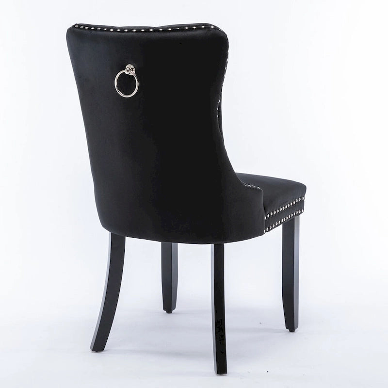 Chaise de salle à manger en velours capitonné avec garniture cloutée et pieds en bois – Chêne/Noir/Doré/Gris, Lot de 2