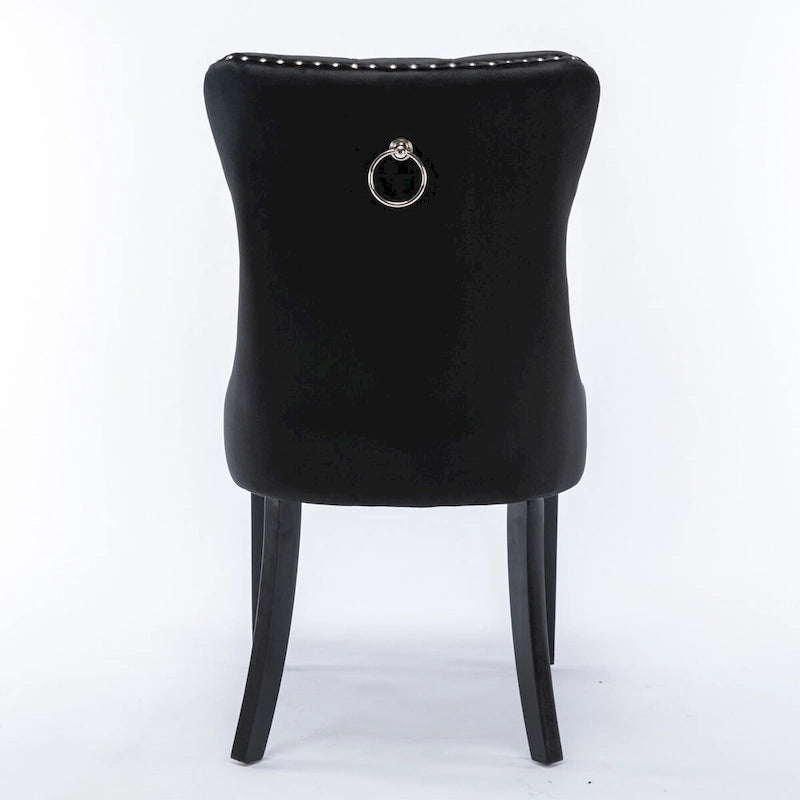 Chaise de salle à manger en velours capitonné avec garniture cloutée et pieds en bois – Chêne/Noir/Doré/Gris, Lot de 2