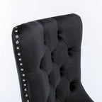 Chaise de salle à manger en velours capitonné avec garniture cloutée et pieds en bois – Chêne/Noir/Doré/Gris, Lot de 2