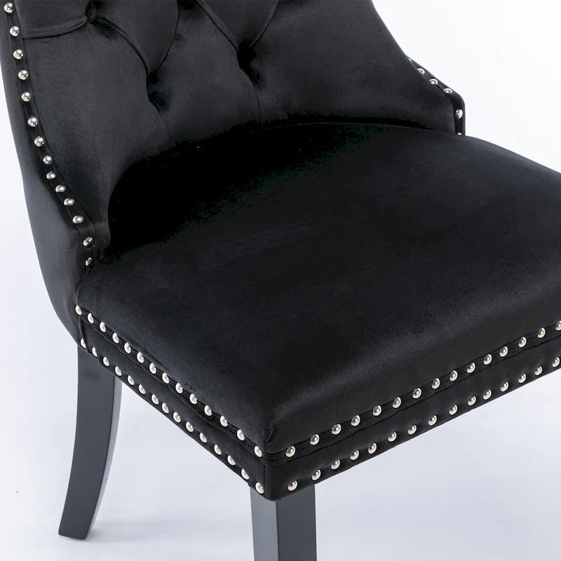 Chaise de salle à manger en velours capitonné avec garniture cloutée et pieds en bois – Chêne/Noir/Doré/Gris, Lot de 2