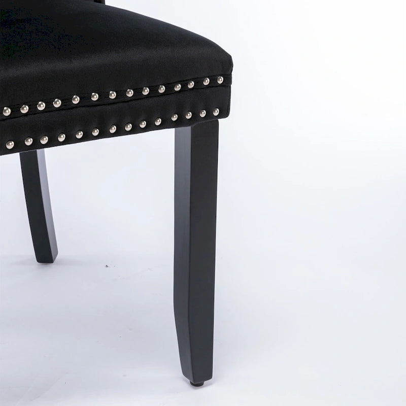 Chaise de salle à manger en velours capitonné avec garniture cloutée et pieds en bois – Chêne/Noir/Doré/Gris, Lot de 2