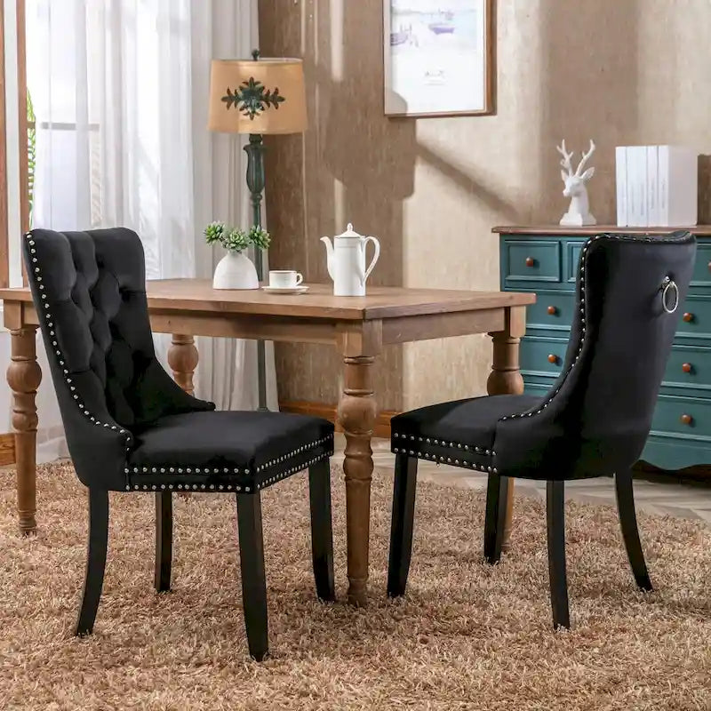 Chaise de salle à manger en velours capitonné avec garniture cloutée et pieds en bois – Chêne/Noir/Doré/Gris, Lot de 2