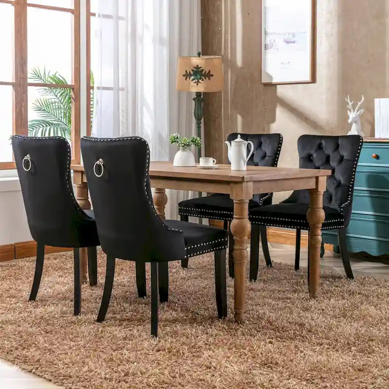Chaise de salle à manger en velours capitonné avec garniture cloutée et pieds en bois – Chêne/Noir/Doré/Gris, Lot de 2