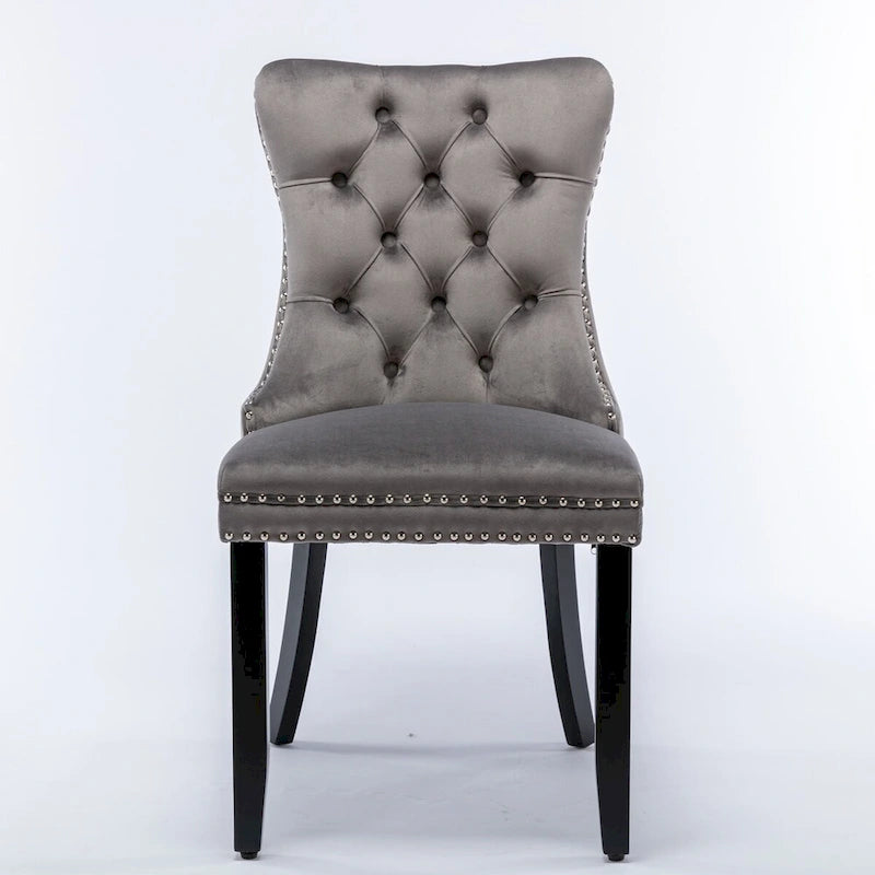 Chaise de salle à manger en velours capitonné avec garniture cloutée et pieds en bois – Chêne/Noir/Doré/Gris, Lot de 2